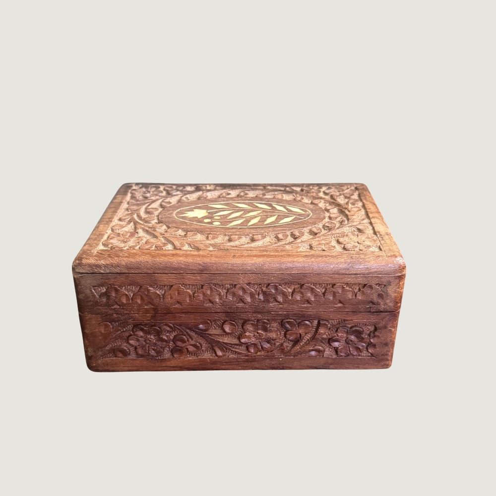 Vintage Hand Carved Wooden Jewelry Box Floral Inlay Lined Trinket Box